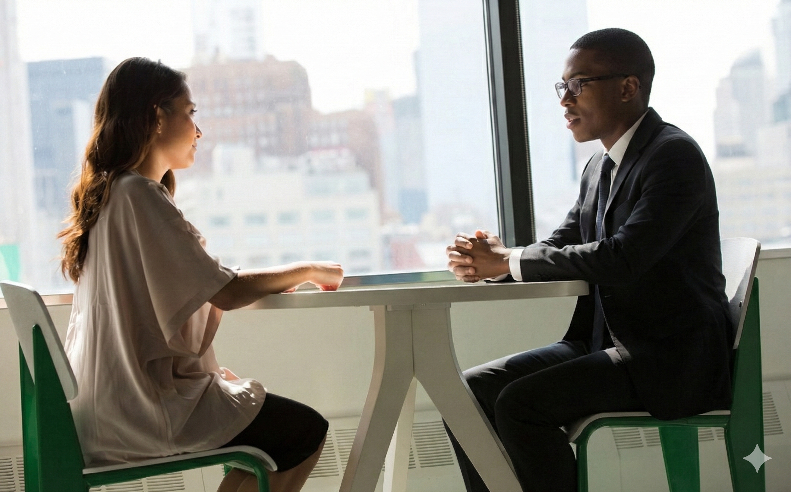 Two women sitting at a modern table talking with a city view behind them.